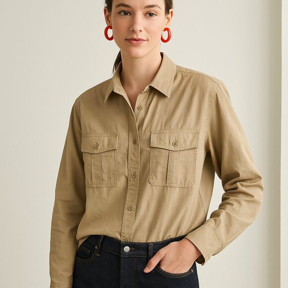 Alex Mill Women’s Sand Beige Cotton Work Shirt L Button Utility Top - Picture 1 of 11